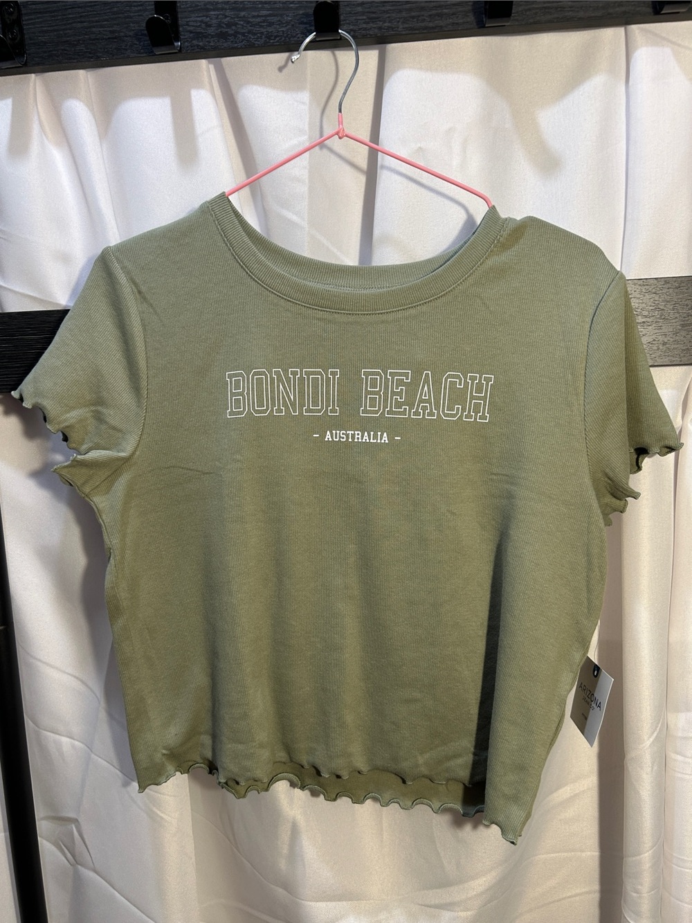 NWT Arizona Jean Company Olive Green Bondi Beach Lettuce-Edge Crop Tee